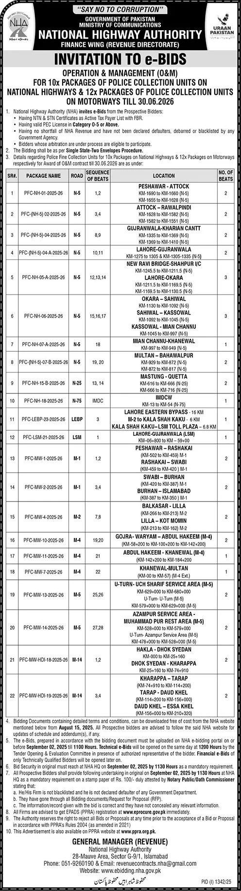 National Highway Authority Islamabad Tender Notice